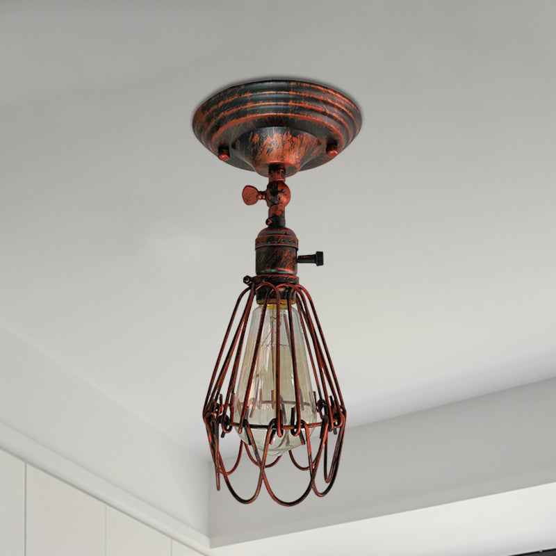 Rustic Farmhouse Semi-Flush Iron Cage Bedroom Ceiling Light in Rust/Aged Silver