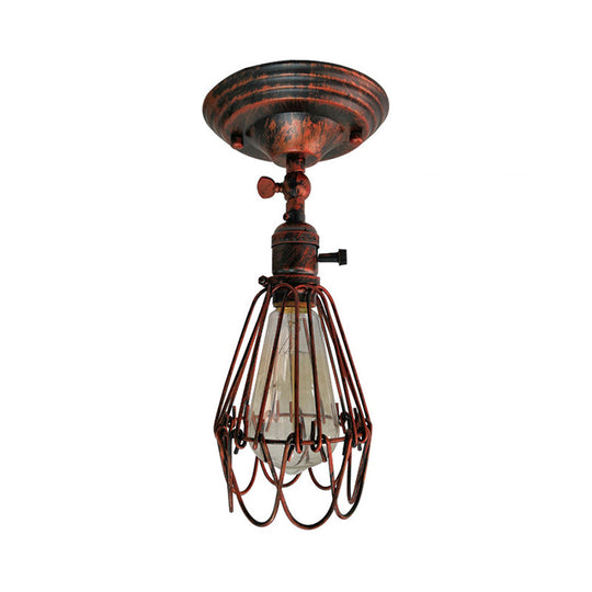 Rustic Farmhouse Semi-Flush Iron Cage Bedroom Ceiling Light in Rust/Aged Silver