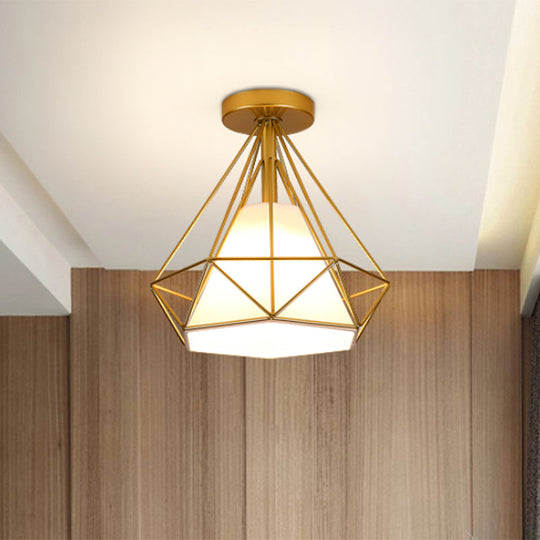 Diamond-Cage Industrial Bedroom Pendant Light - Vintage Gold Semi Flush Mount Ceiling Fixture