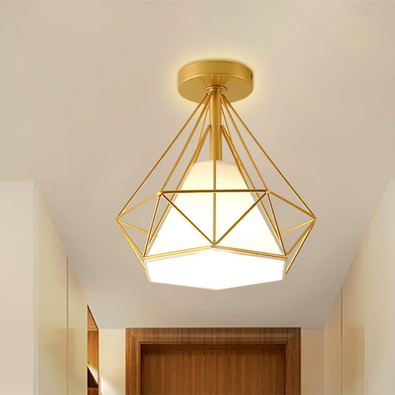 Diamond-Cage Industrial Bedroom Pendant Light - Vintage Gold Semi Flush Mount Ceiling Fixture