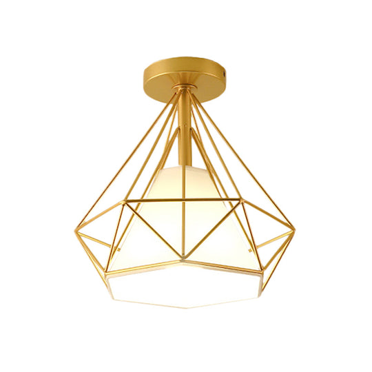 Diamond-Cage Industrial Bedroom Pendant Light - Vintage Gold Semi Flush Mount Ceiling Fixture