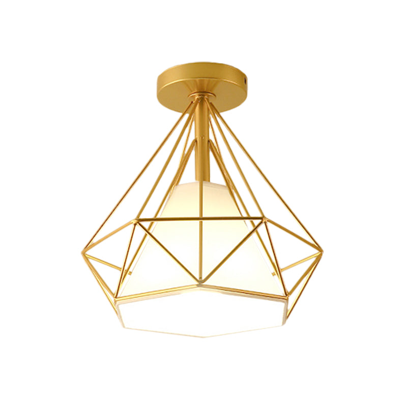 Diamond-Cage Industrial Bedroom Pendant Light - Vintage Gold Semi Flush Mount Ceiling Fixture