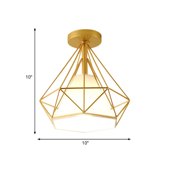 Diamond-Cage Industrial Bedroom Pendant Light - Vintage Gold Semi Flush Mount Ceiling Fixture