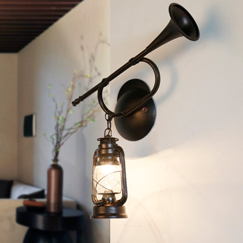 Coastal Lantern Wall Sconce Light In Bronze With Clear Glass And Trumpet Design