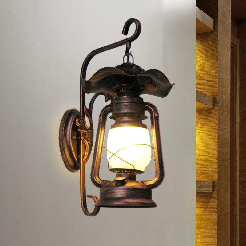 Industrial Opal Glass Antique Copper Sconce Wall Lamp With Kerosene-Inspired 1-Light Fixture