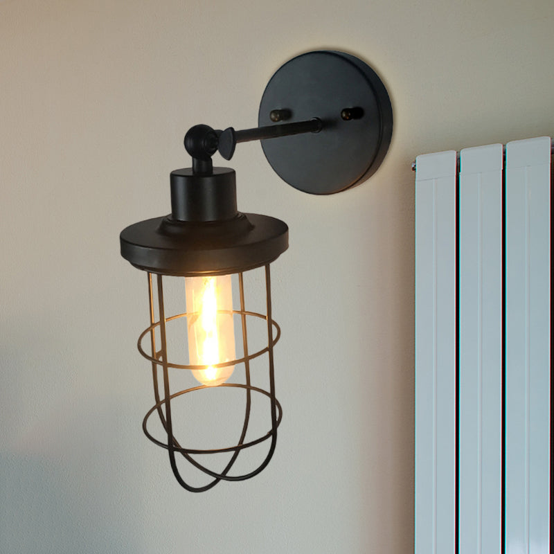 Black Retro Style Cylinder/Oval Caged Wall Mount Light - Metallic Mini Lighting With 1 Head