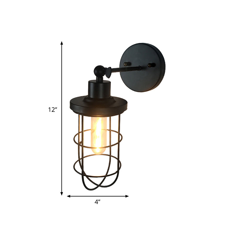 Black Retro Style Cylinder/Oval Caged Wall Mount Light - Metallic Mini Lighting With 1 Head