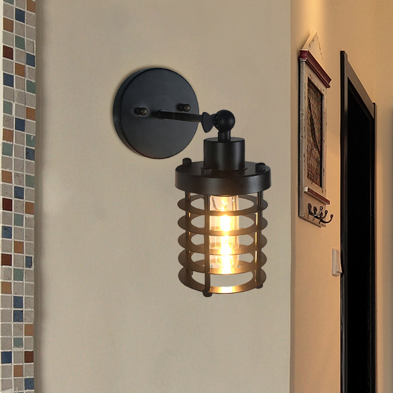 Black Retro Style Cylinder/Oval Caged Wall Mount Light - Metallic Mini Lighting With 1 Head