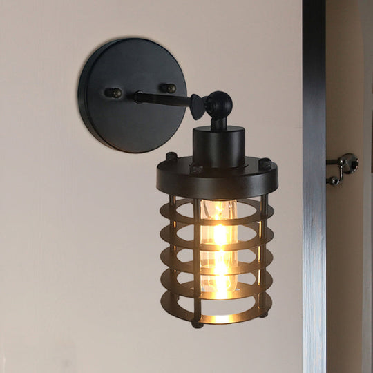 Black Retro Style Cylinder/Oval Caged Wall Mount Light - Metallic Mini Lighting With 1 Head