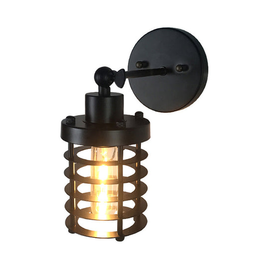 Black Retro Style Cylinder/Oval Caged Wall Mount Light - Metallic Mini Lighting With 1 Head