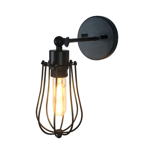 Black Retro Style Cylinder/Oval Caged Wall Mount Light - Metallic Mini Lighting With 1 Head