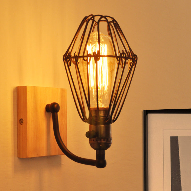 Antique Style Caged Wrought Iron Wall Lamp With Wooden Backplate - 1 Bulb Lighting In Black