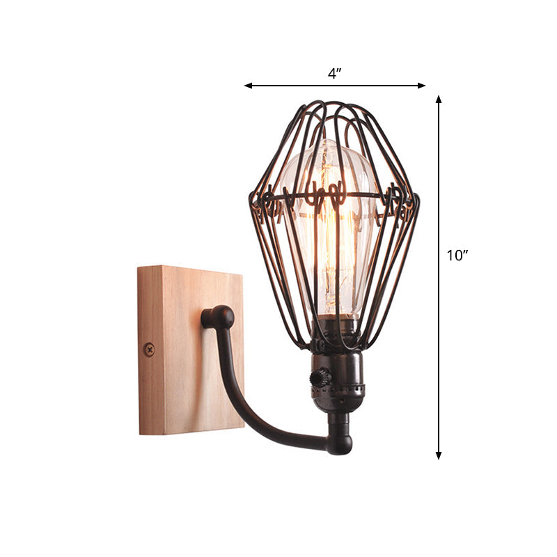 Antique Style Caged Wrought Iron Wall Lamp With Wooden Backplate - 1 Bulb Lighting In Black