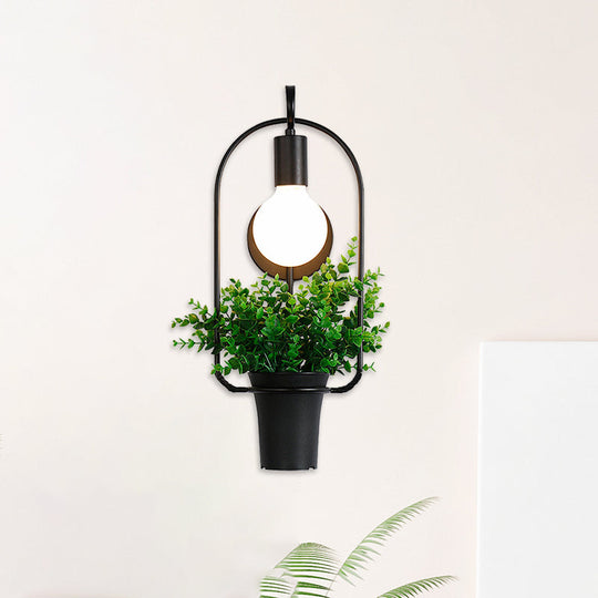 Metal Wall Sconce With Lodge Style Pot Decoration | 1-Light Black Exposed Bulb Restaurant Lighting