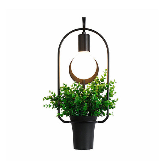 Metal Wall Sconce With Lodge Style Pot Decoration | 1-Light Black Exposed Bulb Restaurant Lighting