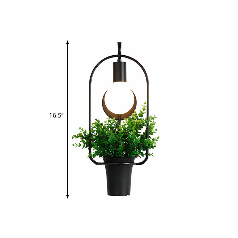 Metal Wall Sconce With Lodge Style Pot Decoration | 1-Light Black Exposed Bulb Restaurant Lighting