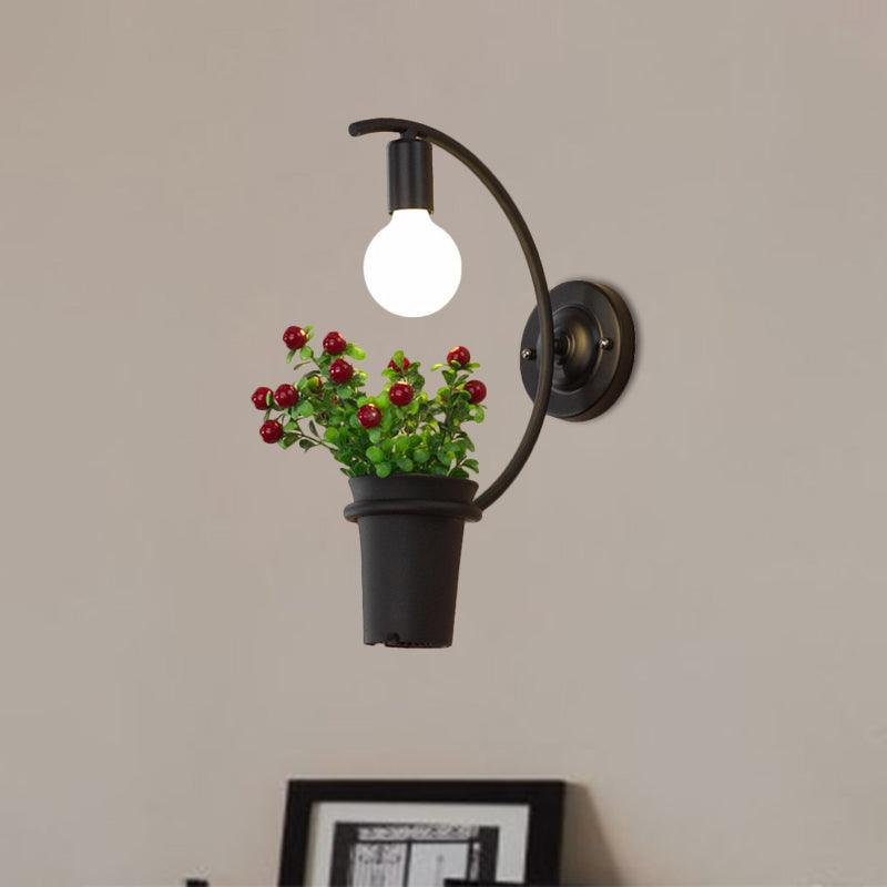 Metal Wall Sconce With Lodge Style Pot Decoration | 1-Light Black Exposed Bulb Restaurant Lighting