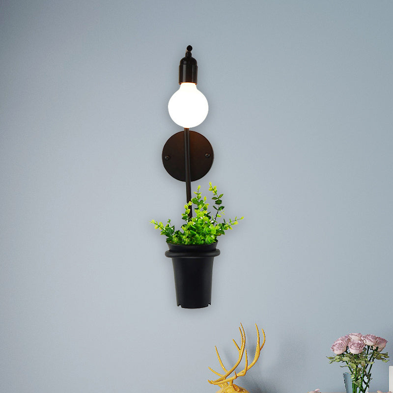 Metal Wall Sconce With Lodge Style Pot Decoration | 1-Light Black Exposed Bulb Restaurant Lighting