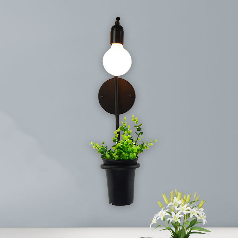 Metal Wall Sconce With Lodge Style Pot Decoration | 1-Light Black Exposed Bulb Restaurant Lighting