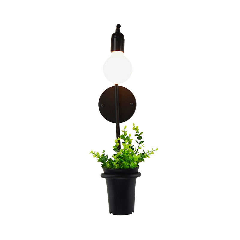 Metal Wall Sconce With Lodge Style Pot Decoration | 1-Light Black Exposed Bulb Restaurant Lighting