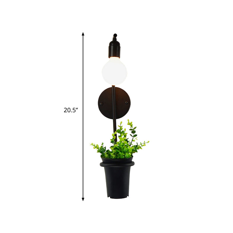 Metal Wall Sconce With Lodge Style Pot Decoration | 1-Light Black Exposed Bulb Restaurant Lighting