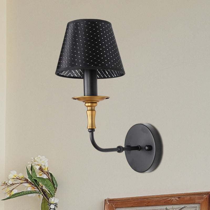 Industrial Style Black Fabric Sconce Lamp For Corridor - Tapered Head With Hollow Design 1 Light