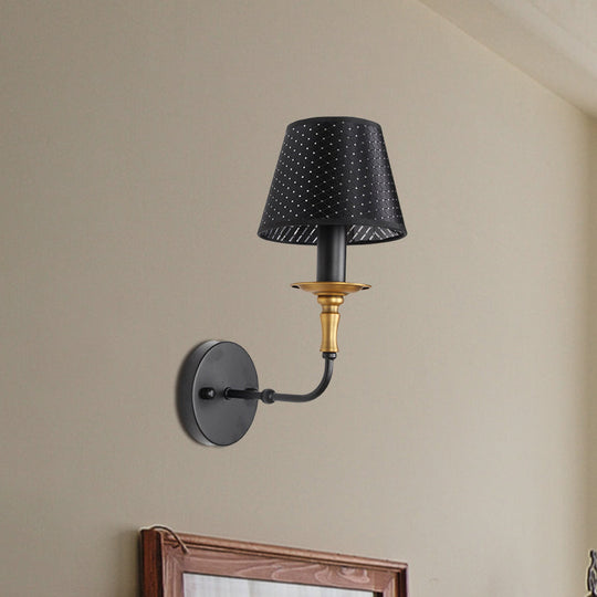 Industrial Style Black Fabric Sconce Lamp For Corridor - Tapered Head With Hollow Design 1 Light