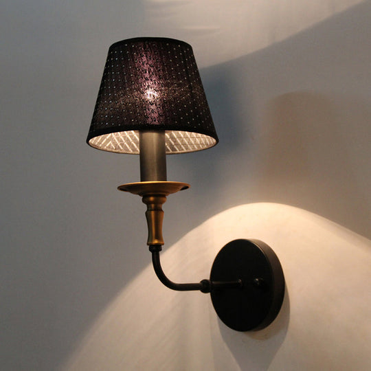 Industrial Style Black Fabric Sconce Lamp For Corridor - Tapered Head With Hollow Design 1 Light