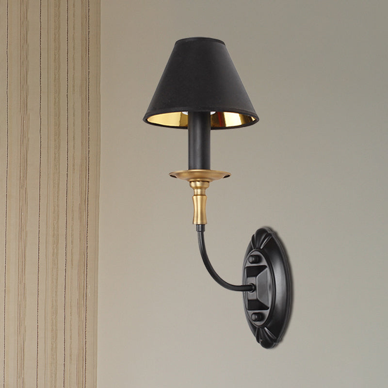 Industrial Style Black Wall Light With Fabric And Metal Cone Shade For Bedroom