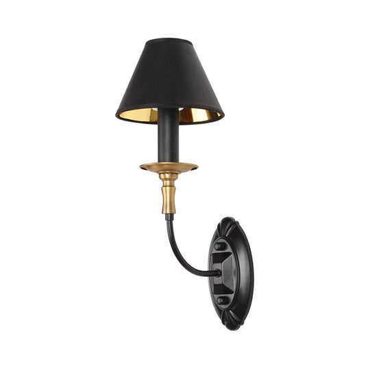 Industrial Style Black Wall Light With Fabric And Metal Cone Shade For Bedroom