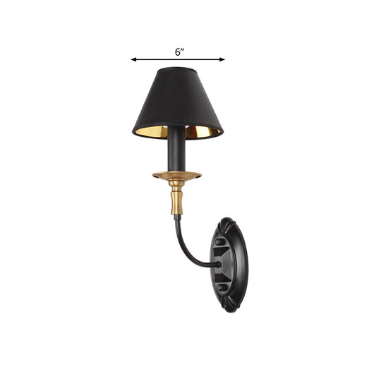 Industrial Style Black Wall Light With Fabric And Metal Cone Shade For Bedroom