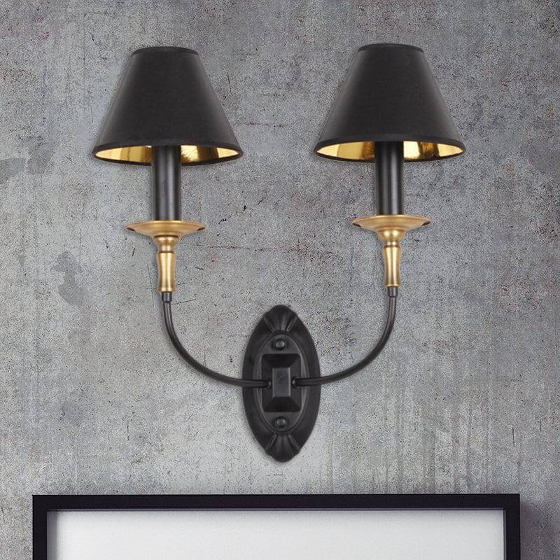 Industrial Style Black Wall Light With Fabric And Metal Cone Shade For Bedroom