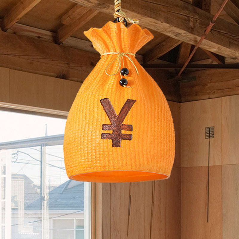 Rustic Industrial Pendant Light With Sack Design - 1 Hanging Ceiling Lamp In Orange