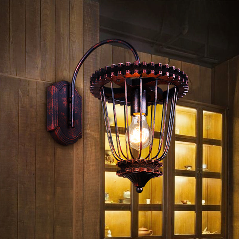 Rustic Caged Wrought Iron Wall Sconce - Weathered Copper Finish