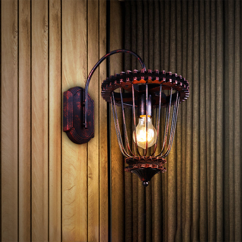 Rustic Caged Wrought Iron Wall Sconce - Weathered Copper Finish