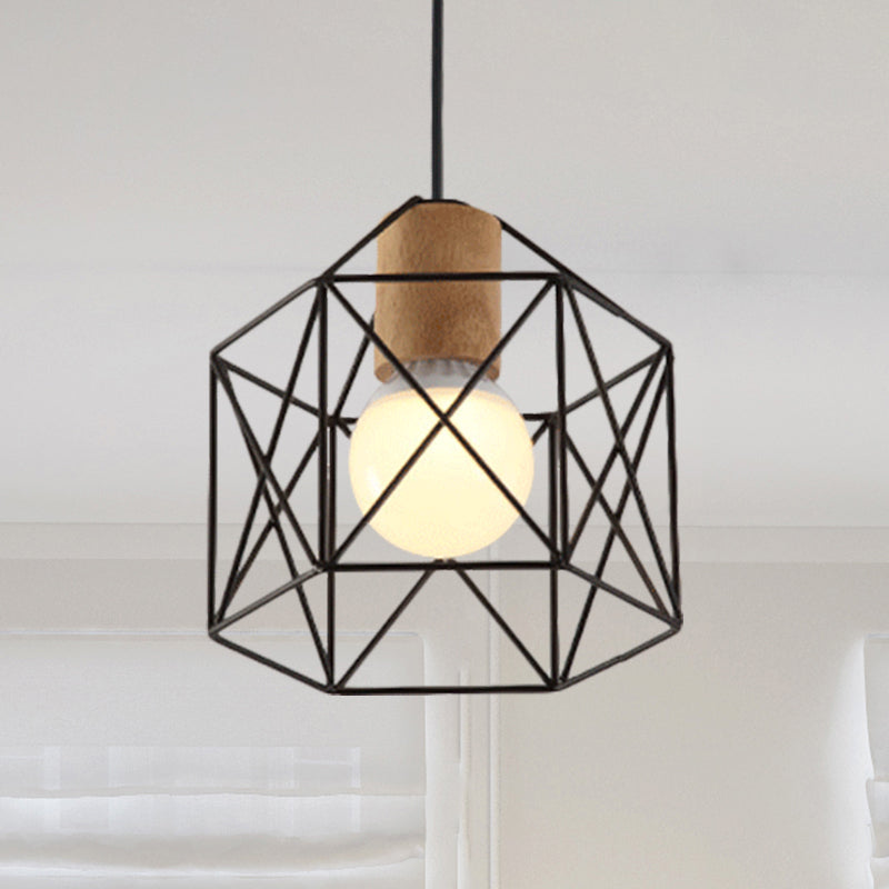 Industrial Retro Hanging Fixture - 1 Head Metal/Wood Ceiling Light with Cage Shade, Black