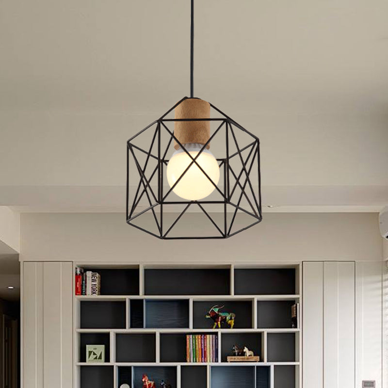 Industrial Retro Hanging Fixture - 1 Head Metal/Wood Ceiling Light with Cage Shade, Black