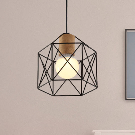 Industrial Retro Hanging Fixture - 1 Head Metal/Wood Ceiling Light with Cage Shade, Black