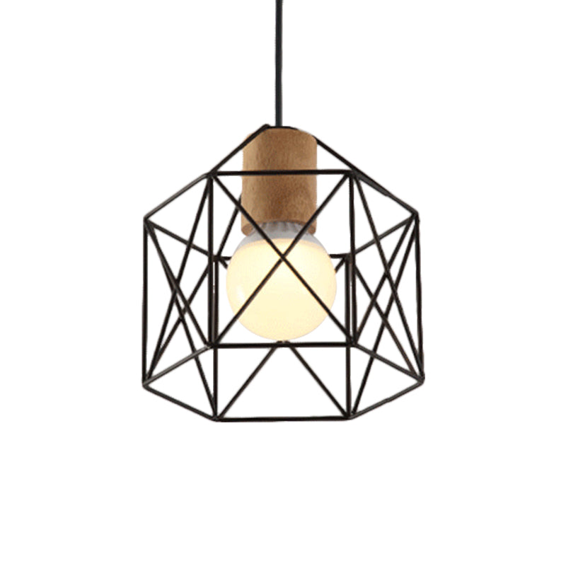 Industrial Retro Hanging Fixture - 1 Head Metal/Wood Ceiling Light with Cage Shade, Black