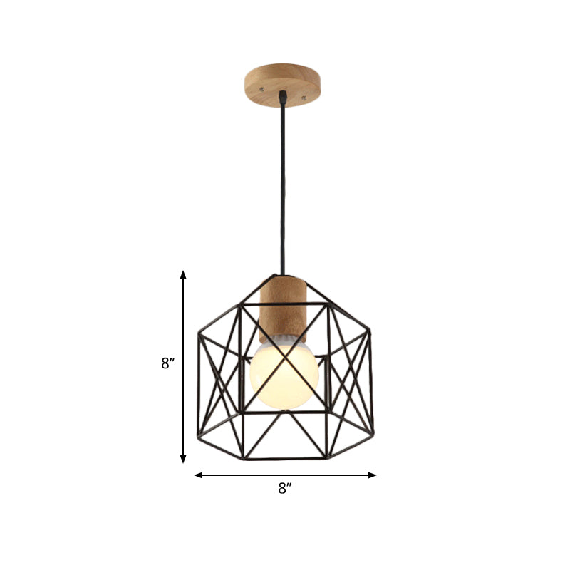 Industrial Retro Hanging Fixture - 1 Head Metal/Wood Ceiling Light with Cage Shade, Black