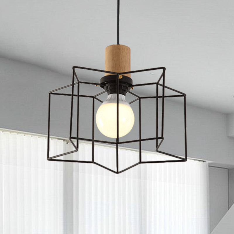 Retro Industrial Hexagon/Star Hanging Fixture - Metal & Wood Ceiling Lighting With Cage Shade Black