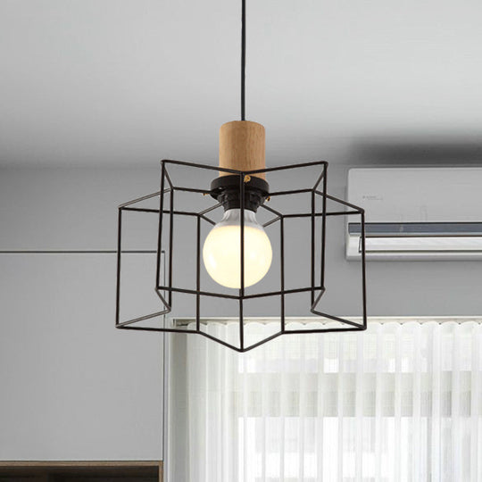 Industrial Retro Hanging Fixture - 1 Head Metal/Wood Ceiling Light with Cage Shade, Black