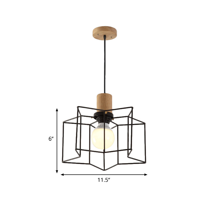 Industrial Retro Hanging Fixture - 1 Head Metal/Wood Ceiling Light with Cage Shade, Black