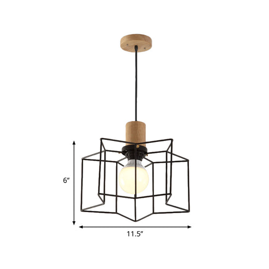 Retro Industrial Hexagon/Star Hanging Fixture - Metal & Wood Ceiling Lighting With Cage Shade