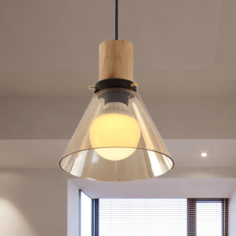 Modern Amber Glass Pendant Light With Wooden Cap