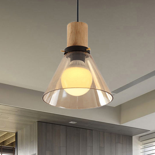 Modern Cone Pendant Light with Amber Glass & Wooden Cap - 1-Light Ceiling Hanging Fixture