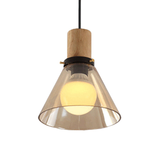 Modern Cone Pendant Light with Amber Glass & Wooden Cap - 1-Light Ceiling Hanging Fixture