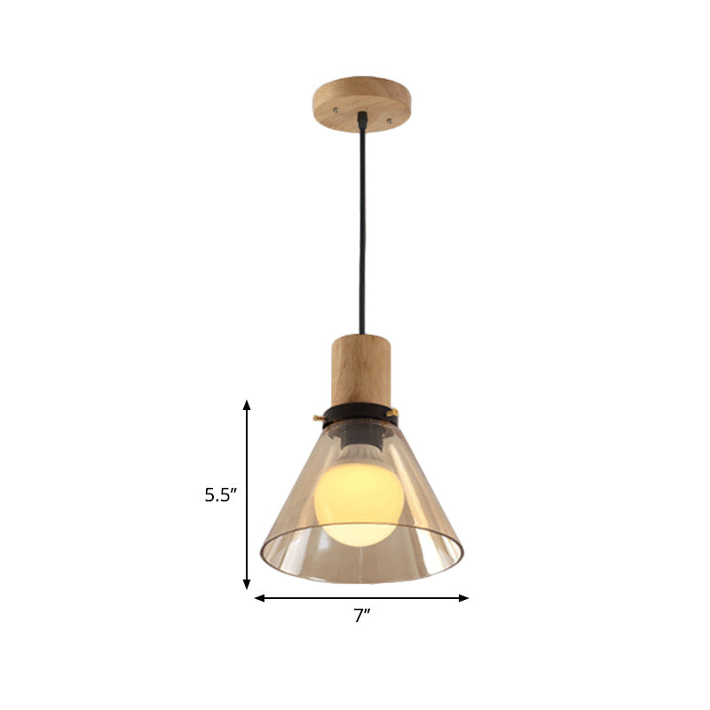 Modern Cone Pendant Light with Amber Glass & Wooden Cap - 1-Light Ceiling Hanging Fixture