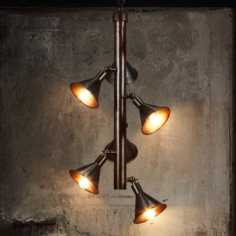 Vintage Funnel Chandelier: 6-Head Iron Angle Adjustable Light In Bronze