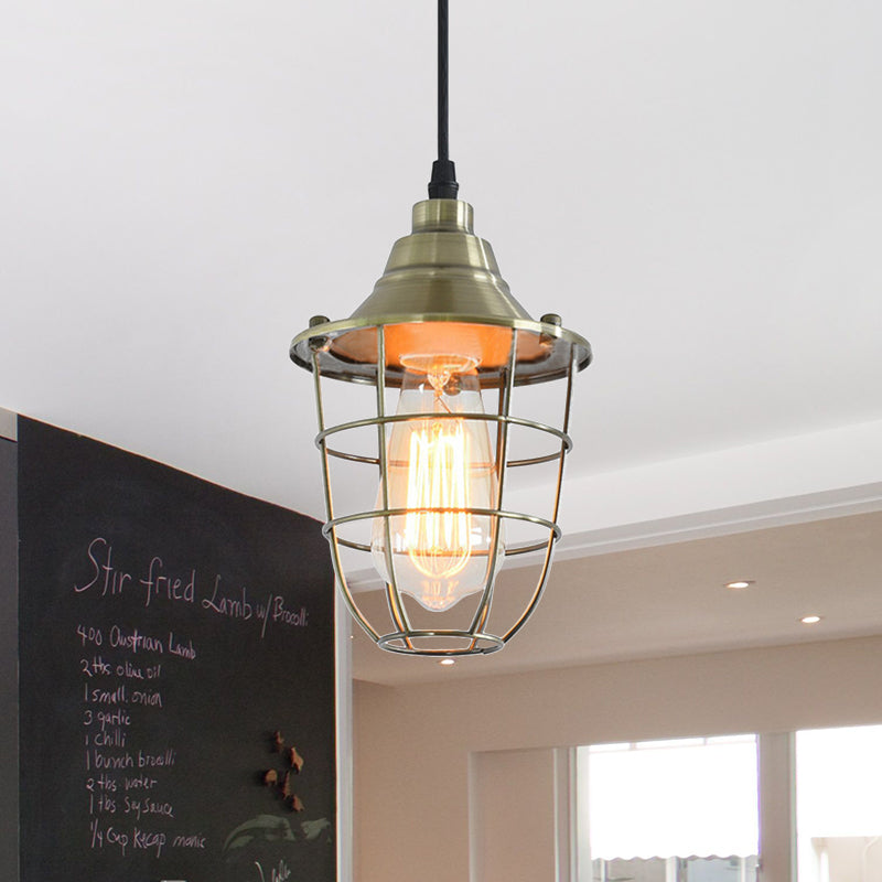 Vintage Metal Wire Cage Bedside Pendant Light with Brass/Chrome Finish - Industrial Style Mini Lamp